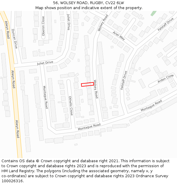 56, WOLSEY ROAD, RUGBY, CV22 6LW: Location map and indicative extent of plot