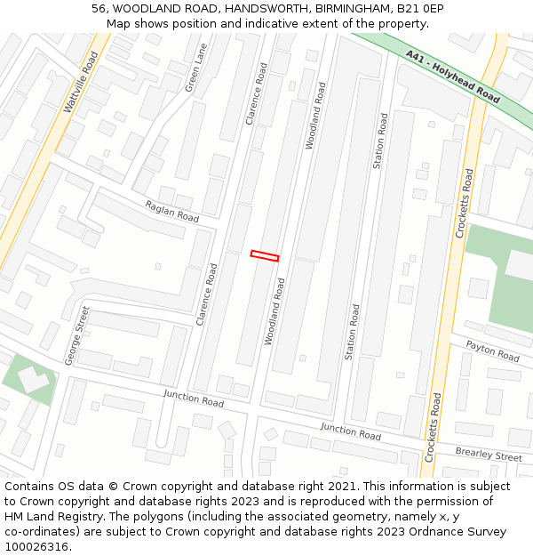 56, WOODLAND ROAD, HANDSWORTH, BIRMINGHAM, B21 0EP: Location map and indicative extent of plot