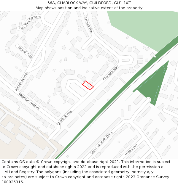 56A, CHARLOCK WAY, GUILDFORD, GU1 1XZ: Location map and indicative extent of plot