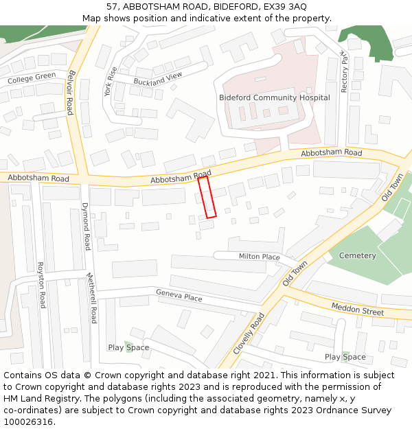 57, ABBOTSHAM ROAD, BIDEFORD, EX39 3AQ: Location map and indicative extent of plot