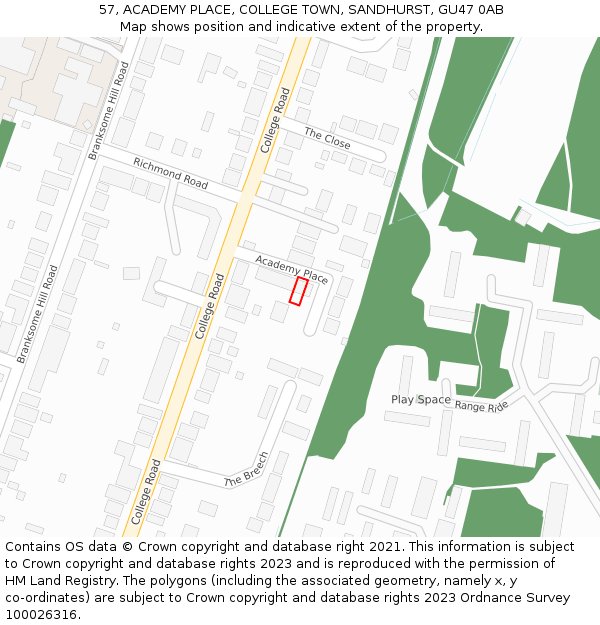 57, ACADEMY PLACE, COLLEGE TOWN, SANDHURST, GU47 0AB: Location map and indicative extent of plot