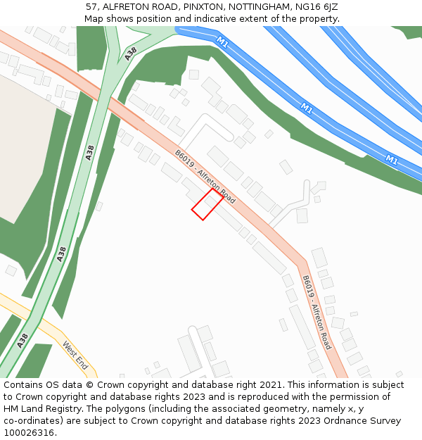 57, ALFRETON ROAD, PINXTON, NOTTINGHAM, NG16 6JZ: Location map and indicative extent of plot