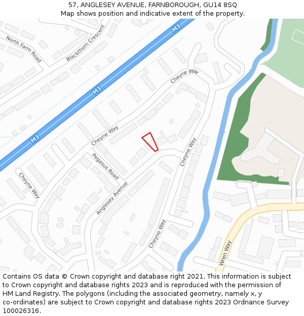 57, ANGLESEY AVENUE, FARNBOROUGH, GU14 8SQ: Location map and indicative extent of plot