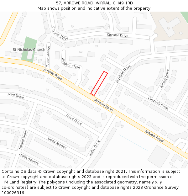 57, ARROWE ROAD, WIRRAL, CH49 1RB: Location map and indicative extent of plot