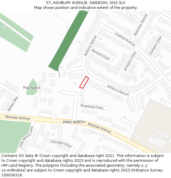 57, ASHBURY AVENUE, SWINDON, SN3 3LX: Location map and indicative extent of plot