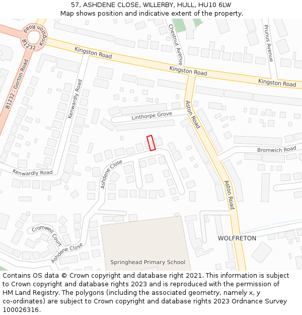 57, ASHDENE CLOSE, WILLERBY, HULL, HU10 6LW: Location map and indicative extent of plot
