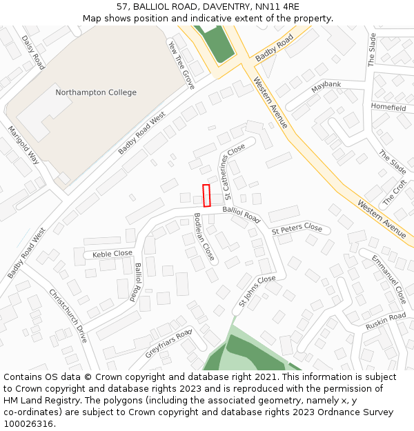 57, BALLIOL ROAD, DAVENTRY, NN11 4RE: Location map and indicative extent of plot