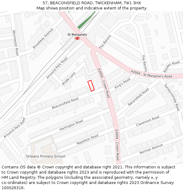 57, BEACONSFIELD ROAD, TWICKENHAM, TW1 3HX: Location map and indicative extent of plot