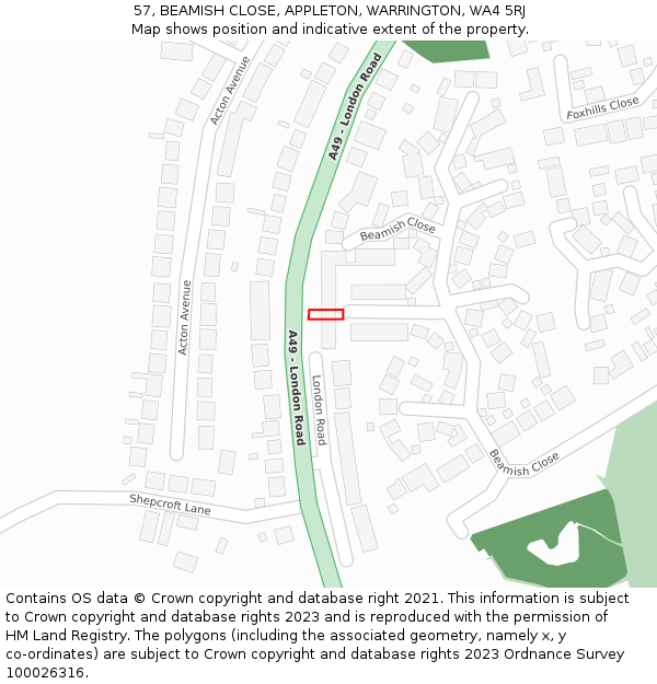 57, BEAMISH CLOSE, APPLETON, WARRINGTON, WA4 5RJ: Location map and indicative extent of plot