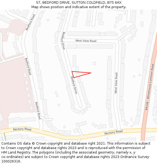 57, BEDFORD DRIVE, SUTTON COLDFIELD, B75 6AX: Location map and indicative extent of plot