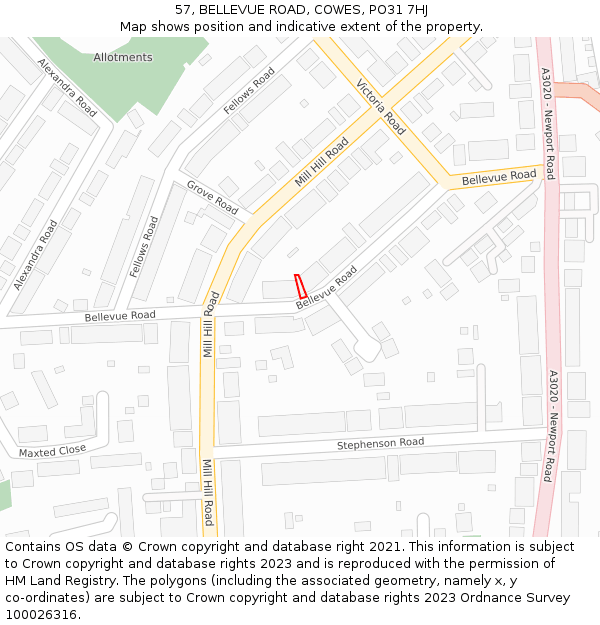 57, BELLEVUE ROAD, COWES, PO31 7HJ: Location map and indicative extent of plot