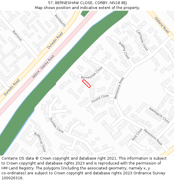 57, BERNESHAW CLOSE, CORBY, NN18 8EJ: Location map and indicative extent of plot