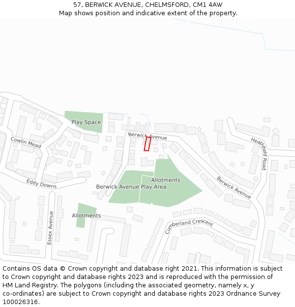 57, BERWICK AVENUE, CHELMSFORD, CM1 4AW: Location map and indicative extent of plot
