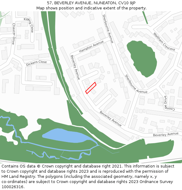57, BEVERLEY AVENUE, NUNEATON, CV10 9JP: Location map and indicative extent of plot