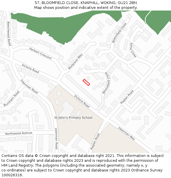 57, BLOOMFIELD CLOSE, KNAPHILL, WOKING, GU21 2BN: Location map and indicative extent of plot