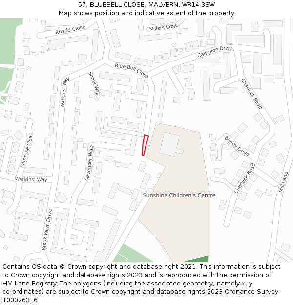57, BLUEBELL CLOSE, MALVERN, WR14 3SW: Location map and indicative extent of plot