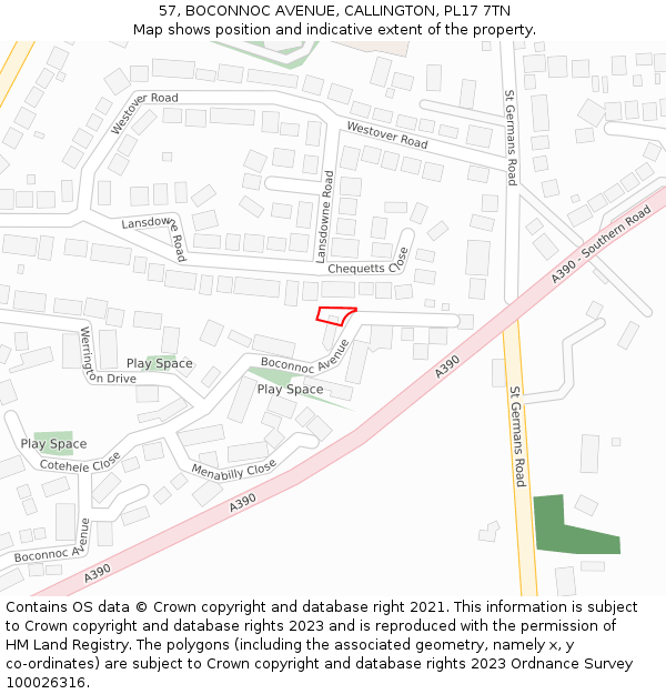 57, BOCONNOC AVENUE, CALLINGTON, PL17 7TN: Location map and indicative extent of plot