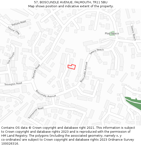 57, BOSCUNDLE AVENUE, FALMOUTH, TR11 5BU: Location map and indicative extent of plot