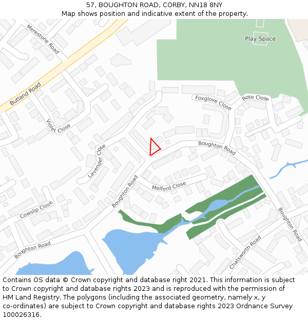 57, BOUGHTON ROAD, CORBY, NN18 8NY: Location map and indicative extent of plot