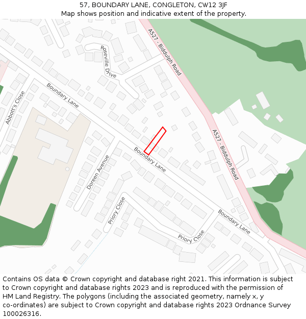 57, BOUNDARY LANE, CONGLETON, CW12 3JF: Location map and indicative extent of plot