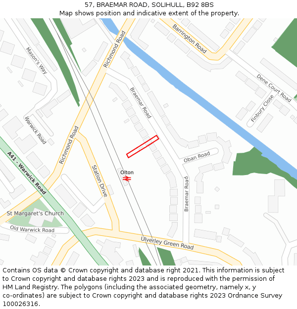 57, BRAEMAR ROAD, SOLIHULL, B92 8BS: Location map and indicative extent of plot
