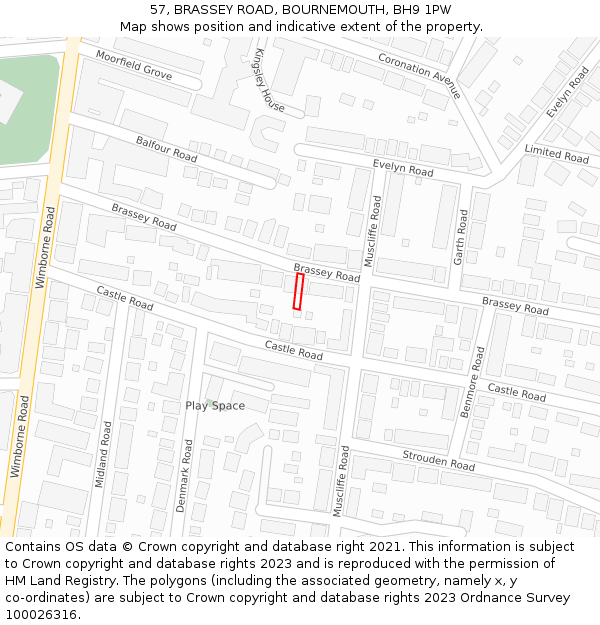 57, BRASSEY ROAD, BOURNEMOUTH, BH9 1PW: Location map and indicative extent of plot
