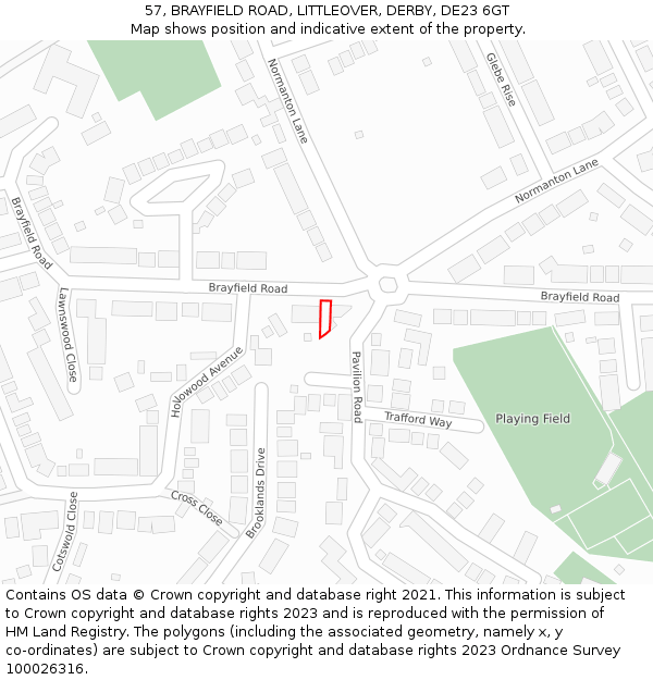 57, BRAYFIELD ROAD, LITTLEOVER, DERBY, DE23 6GT: Location map and indicative extent of plot