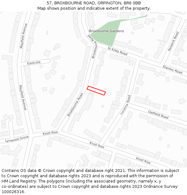 57, BROXBOURNE ROAD, ORPINGTON, BR6 0BB: Location map and indicative extent of plot