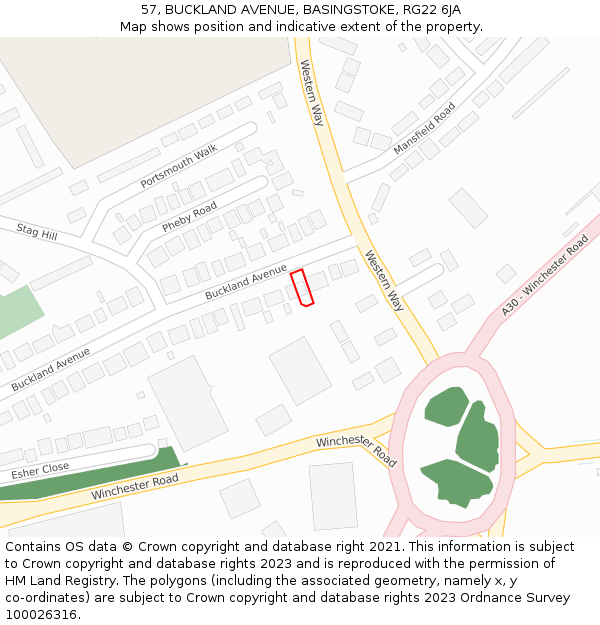 57, BUCKLAND AVENUE, BASINGSTOKE, RG22 6JA: Location map and indicative extent of plot