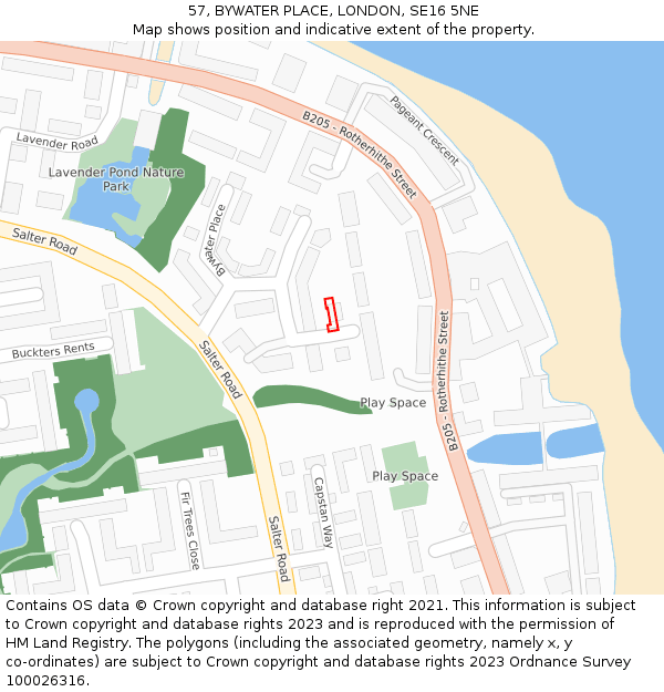 57, BYWATER PLACE, LONDON, SE16 5NE: Location map and indicative extent of plot
