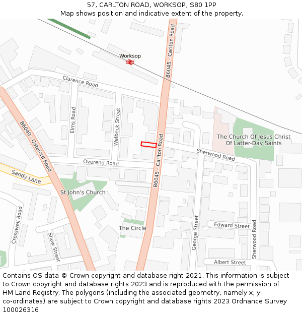57, CARLTON ROAD, WORKSOP, S80 1PP: Location map and indicative extent of plot