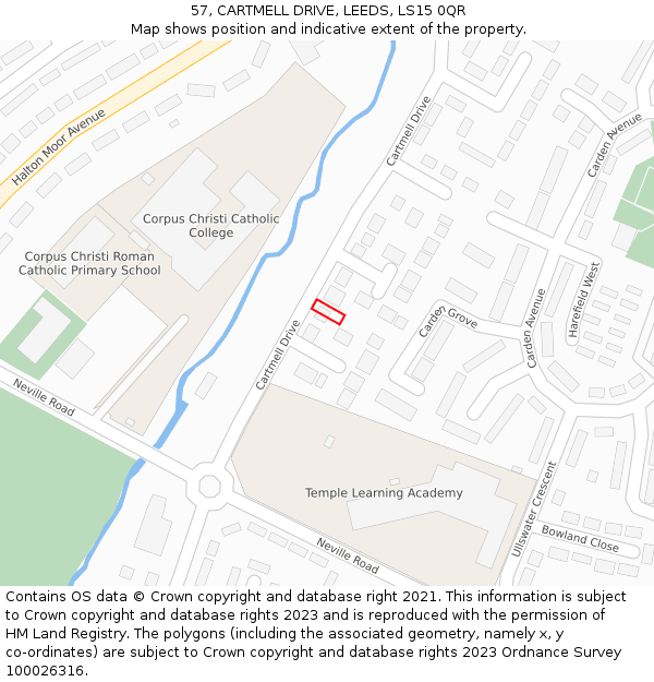 57, CARTMELL DRIVE, LEEDS, LS15 0QR: Location map and indicative extent of plot