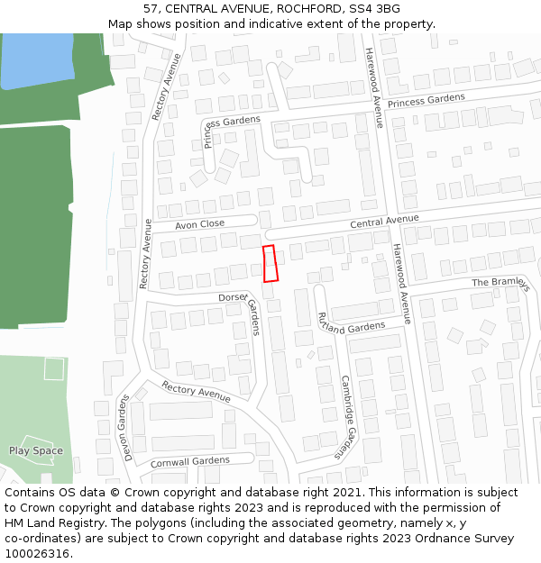 57, CENTRAL AVENUE, ROCHFORD, SS4 3BG: Location map and indicative extent of plot