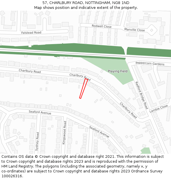 57, CHARLBURY ROAD, NOTTINGHAM, NG8 1ND: Location map and indicative extent of plot