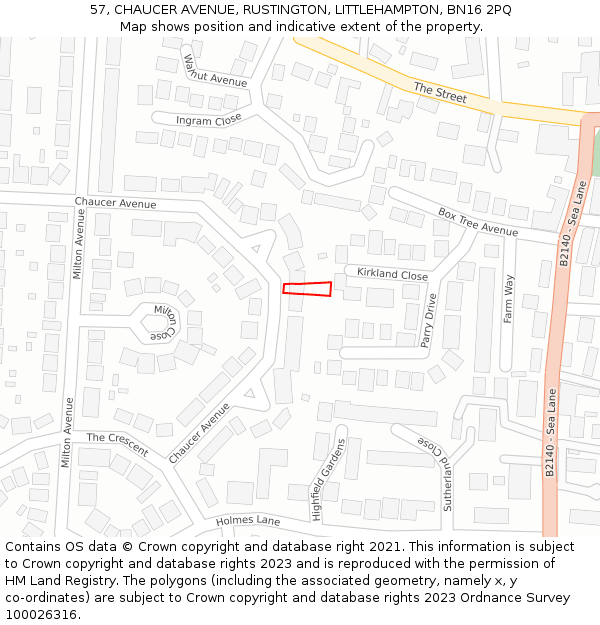 57, CHAUCER AVENUE, RUSTINGTON, LITTLEHAMPTON, BN16 2PQ: Location map and indicative extent of plot