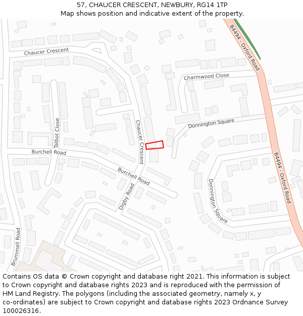 57, CHAUCER CRESCENT, NEWBURY, RG14 1TP: Location map and indicative extent of plot