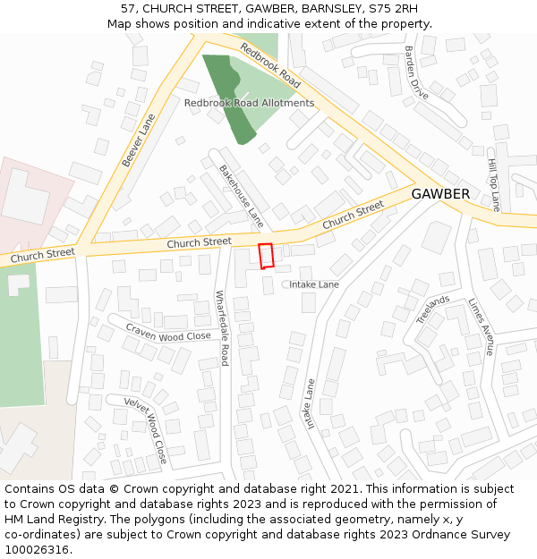 57, CHURCH STREET, GAWBER, BARNSLEY, S75 2RH: Location map and indicative extent of plot