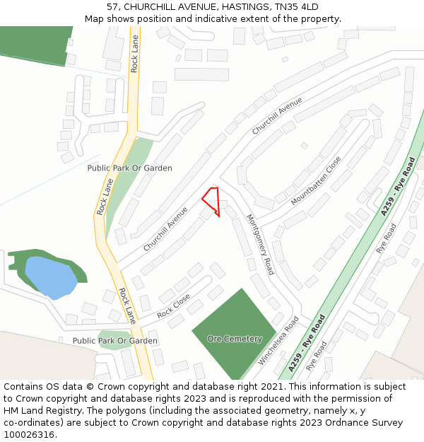 57, CHURCHILL AVENUE, HASTINGS, TN35 4LD: Location map and indicative extent of plot