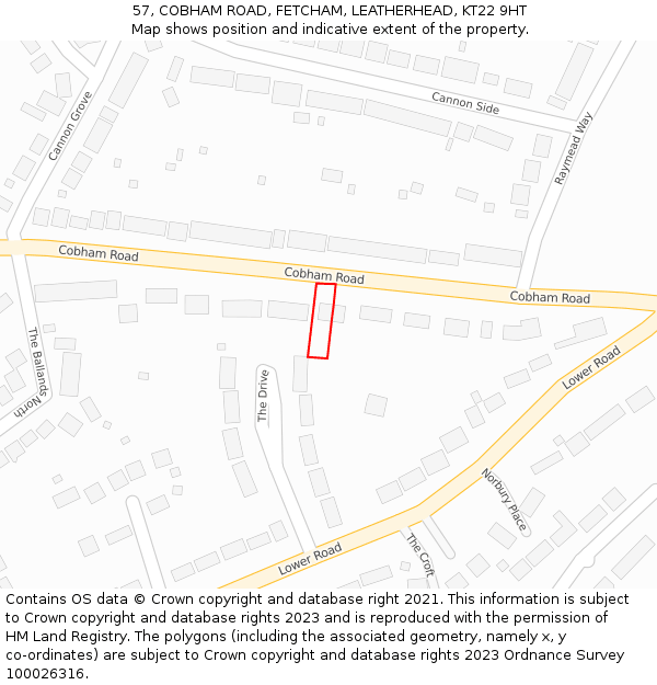 57, COBHAM ROAD, FETCHAM, LEATHERHEAD, KT22 9HT: Location map and indicative extent of plot