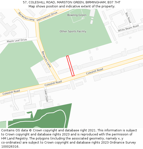 57, COLESHILL ROAD, MARSTON GREEN, BIRMINGHAM, B37 7HT: Location map and indicative extent of plot