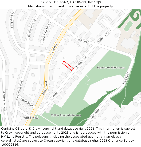 57, COLLIER ROAD, HASTINGS, TN34 3JS: Location map and indicative extent of plot