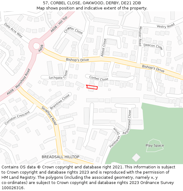 57, CORBEL CLOSE, OAKWOOD, DERBY, DE21 2DB: Location map and indicative extent of plot