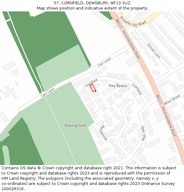 57, CORNFIELD, DEWSBURY, WF13 3UZ: Location map and indicative extent of plot