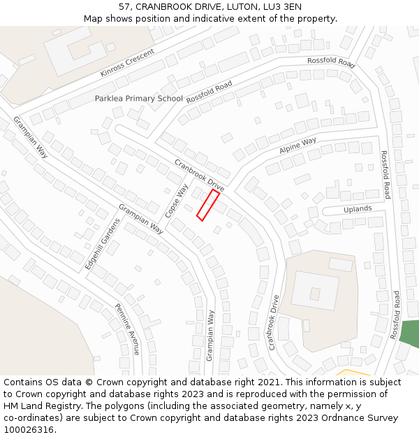 57, CRANBROOK DRIVE, LUTON, LU3 3EN: Location map and indicative extent of plot
