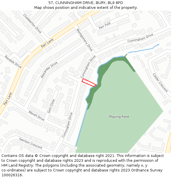 57, CUNNINGHAM DRIVE, BURY, BL9 8PD: Location map and indicative extent of plot