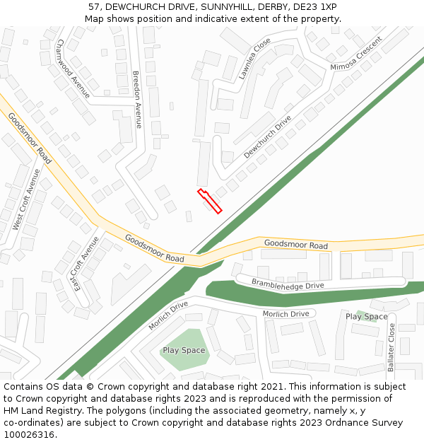 57, DEWCHURCH DRIVE, SUNNYHILL, DERBY, DE23 1XP: Location map and indicative extent of plot
