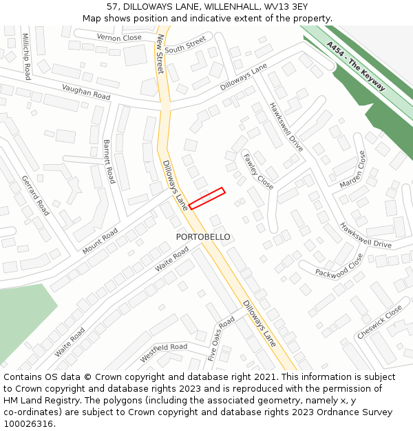 57, DILLOWAYS LANE, WILLENHALL, WV13 3EY: Location map and indicative extent of plot