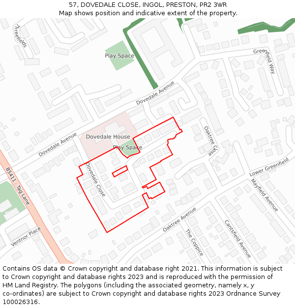 57, DOVEDALE CLOSE, INGOL, PRESTON, PR2 3WR: Location map and indicative extent of plot