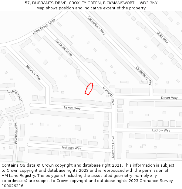 57, DURRANTS DRIVE, CROXLEY GREEN, RICKMANSWORTH, WD3 3NY: Location map and indicative extent of plot