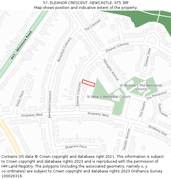 57, ELEANOR CRESCENT, NEWCASTLE, ST5 3RF: Location map and indicative extent of plot